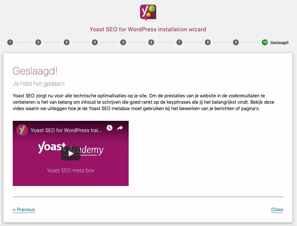 Yoast SEO configuratie wizard voltooid